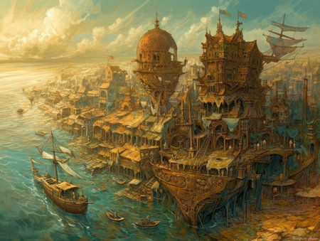 Fantasy landscape with ancient ships in the sea. Digital painting, steampunk landscape, atmospheric fantasy artの素材