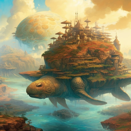 Turtle on the island in the sea. fantasy landscape. Digital painting, steampunk landscape, atmospheric fantasy artの素材