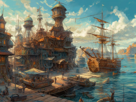 Digital painting of a pirate ship in the middle of the sea, steampunk landscape, atmospheric fantary artの素材