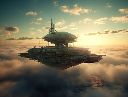 fantasy alien planet. Flying saucer in the clouds. 3D illustration, steampunk landscape, atmospheric fantasy artの素材