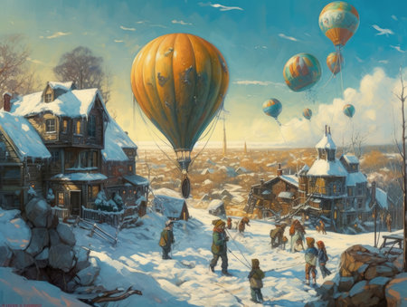 Hot air balloons fly over the village in winter. Vintage painting, steampunk landscape, atmospheric fantasy artの素材