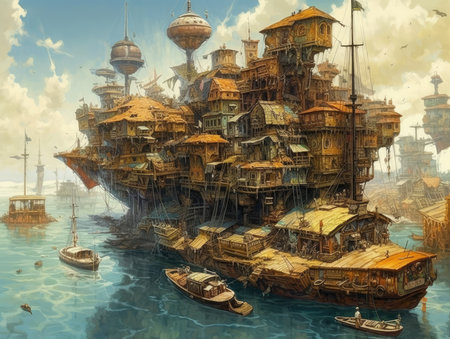 Fantasy illustration of an old ship in the middle of the sea, steampunk landscape, atmospheric fantary artの素材