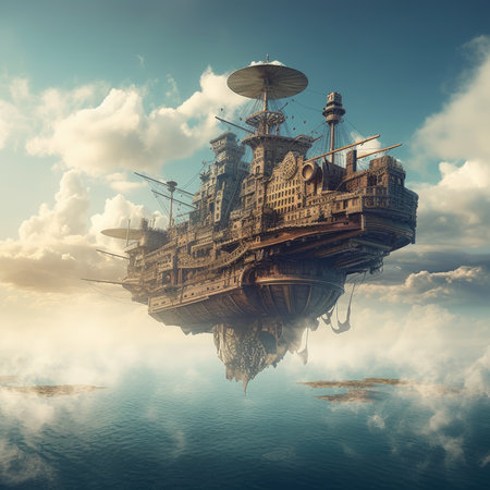 Fantasy ship floating on the water. 3D Rendering, steampunk landscape, atmospheric fantary artの素材