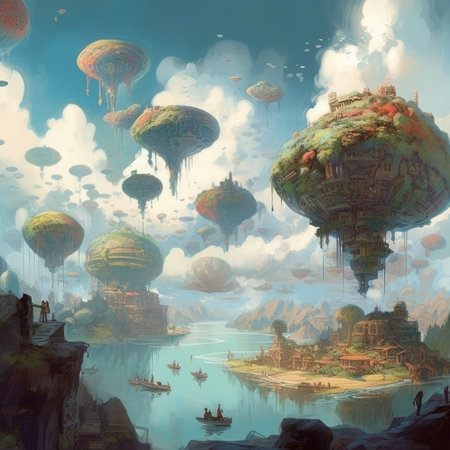 Fantasy Landscape - Fantasy Landscape with Flying Saucers, steampunk landscape, atmospheric fantary artの素材
