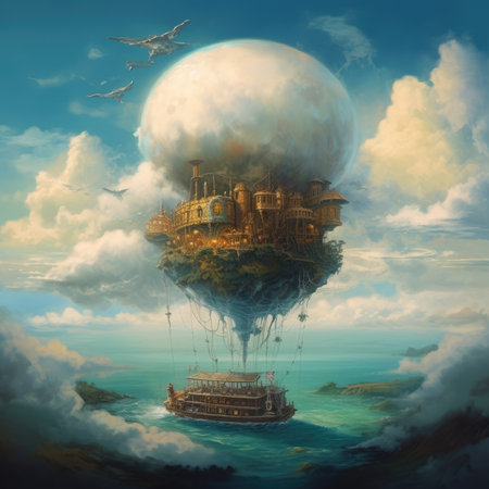 Fantasy landscape with hot air balloon floating in the sky. 3D rendering, steampunk landscape, atmospheric fantasy artの素材