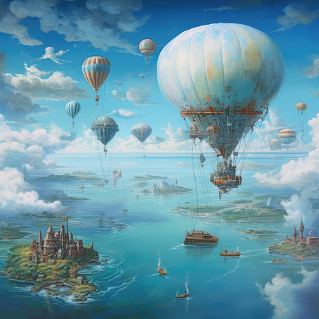 Hot air balloons flying in the blue sky over the sea. 3d illustration, steampunk landscape, atmospheric fantasy artの素材