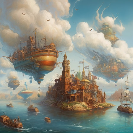 Fantasy landscape with fantasy world and flying ships. Digital painting, steampunk landscape, atmospheric fantasy artの素材