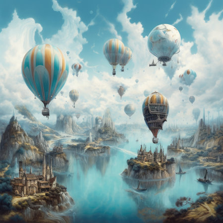 Fantasy landscape with hot air balloons flying in the sky. 3D rendering, steampunk landscape, atmospheric fantasy artの素材