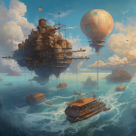 Fantasy scene with old ship and hot air balloon floating in the sea, steampunk landscape, atmospheric fantary artの素材