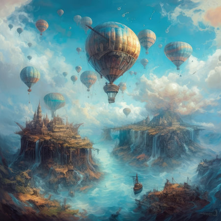 Hot air balloons flying over the beautiful landscape. 3D illustration, steampunk landscape, atmospheric fantasy artの素材