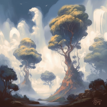 Digital painting of a fantasy landscape with a tree in the foreground, steampunk landscape, atmospheric fantary artの素材