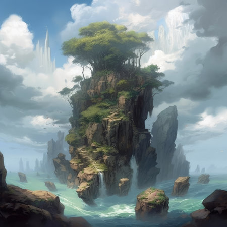 Fantasy landscape with a big tree on the rock in the sea, steampunk landscape, atmospheric fantary artの素材