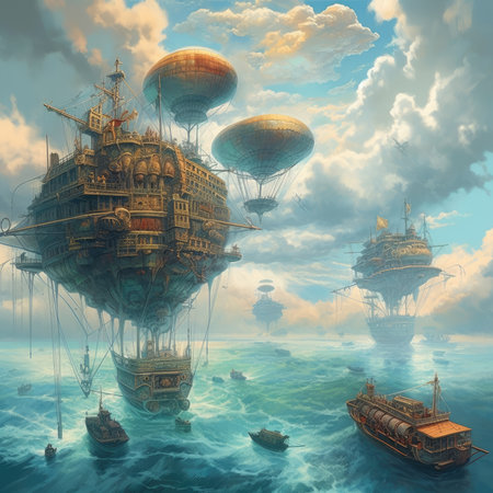 Fantasy landscape with ships in the sea. 3D illustration, steampunk landscape, atmospheric fantasy artの素材