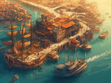 Vintage sailboat on the background of the old city. 3d rendering, steampunk landscape, atmospheric fantasy artの素材