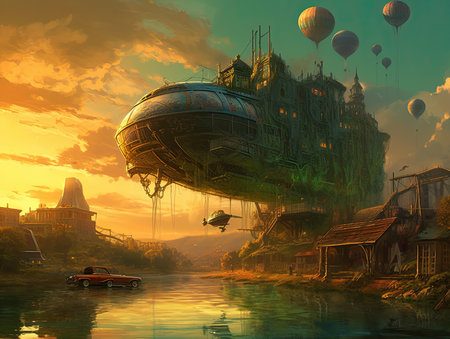 Fantasy landscape with flying saucer over the river at sunset, steampunk landscape, atmospheric fantary artの素材