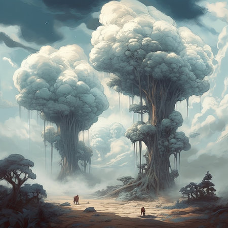 Fantasy landscape with giant mushroom forest and giant mushroom cloud. 3D illustration, steampunk landscape, atmospheric fantasy artの素材