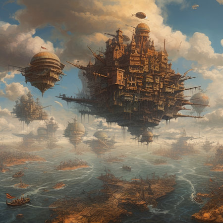 Fantasy landscape with flying saucers. 3D illustration, steampunk landscape, atmospheric fantasy artの素材