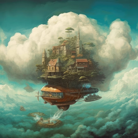 Airship in the clouds. fantasy landscape. 3D illustration, steampunk landscape, atmospheric fantasy artの素材