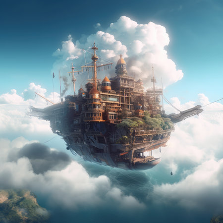 Fantasy ship floating in the sea. 3d render illustration, steampunk landscape, atmospheric fantasy artの素材