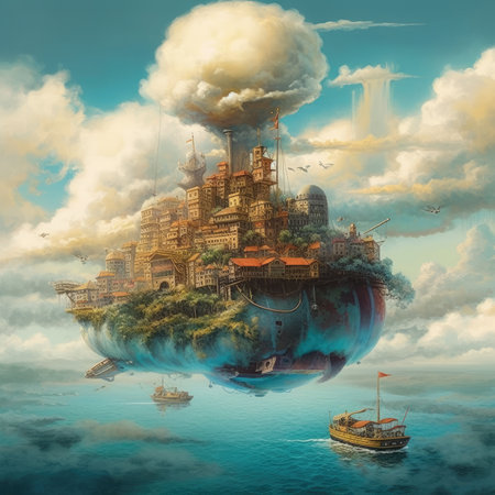City in the clouds floating in the ocean. 3D illustration, steampunk landscape, atmospheric fantasy artの素材