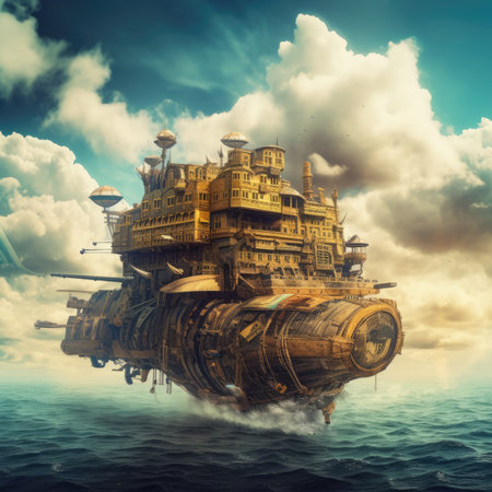 Fantasy alien planet floating in the sea. 3D illustration, steampunk landscape, atmospheric fantasy artの素材