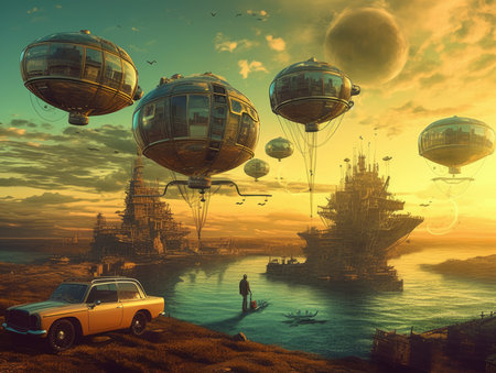 Fantasy landscape with steampunk ships and cars. 3d render, steampunk landscape, atmospheric fantasy artの素材