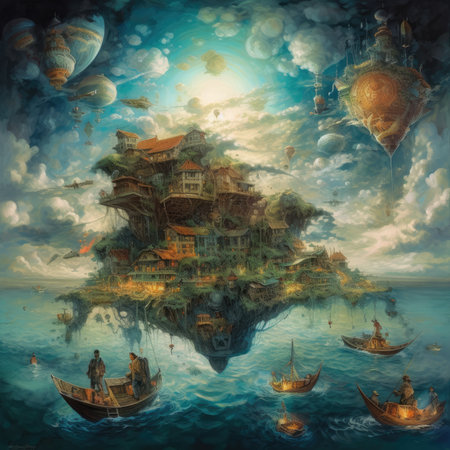 Fantasy landscape with flying boats and old city in the sky, steampunk landscape, atmospheric fantary artの素材