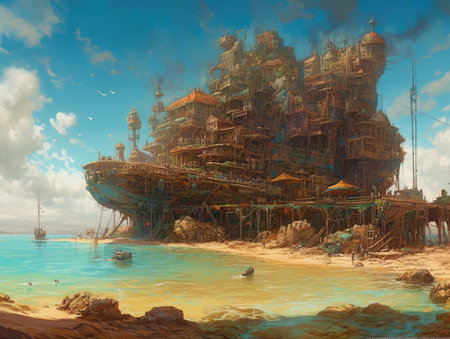 Oil and gas concept. oil and gas industry. 3D rendering, steampunk landscape, atmospheric fantasy artの素材