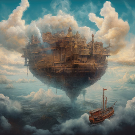 Fantasy landscape with ancient temple in the clouds. 3D rendering, steampunk landscape, atmospheric fantasy artの素材