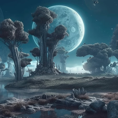 Fantasy landscape with trees and full moon. 3D illustration, steampunk landscape, atmospheric fantasy artの素材