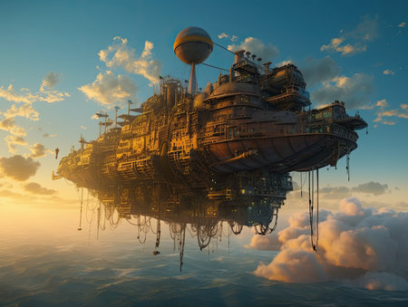 fantasy alien planet. 3D render of a fantasy alien planet, steampunk landscape, atmospheric fantary artの素材