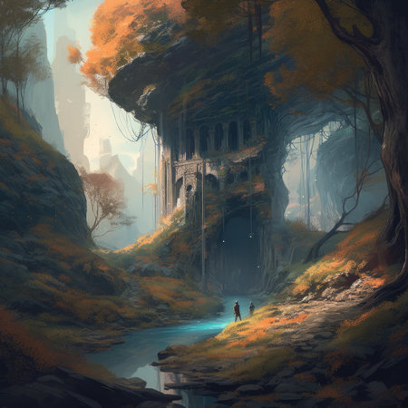 Fantasy landscape with cave in the middle of the forest. Digital painting, steampunk landscape, atmospheric fantasy artの素材