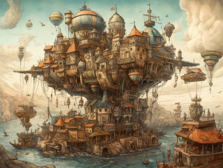 Fantasy landscape with a ship in the ocean. Fantasy illustration, steampunk landscape, atmospheric fantasy artの素材