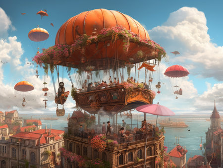 Fantasy landscape with old town and hot air balloons in the sky, steampunk landscape, atmospheric fantary artの素材