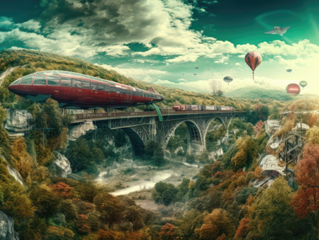 Fantasy landscape with train on the bridge and hot air balloons in the sky, steampunk landscape, atmospheric fantary artの素材