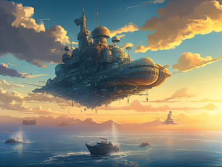 Fantasy alien planet floating in the sea. 3D illustration, steampunk landscape, atmospheric fantasy artの素材