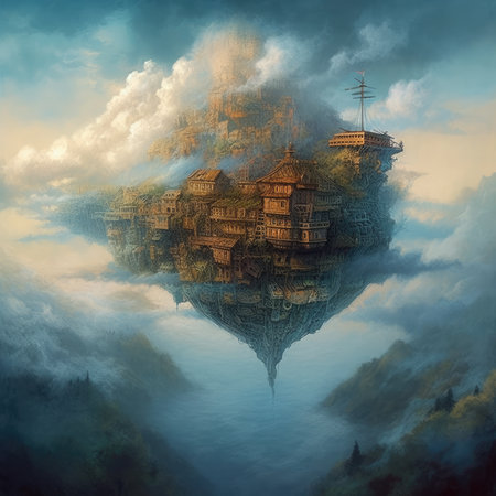 Fantasy landscape with old buildings in the clouds. digital painting.の素材