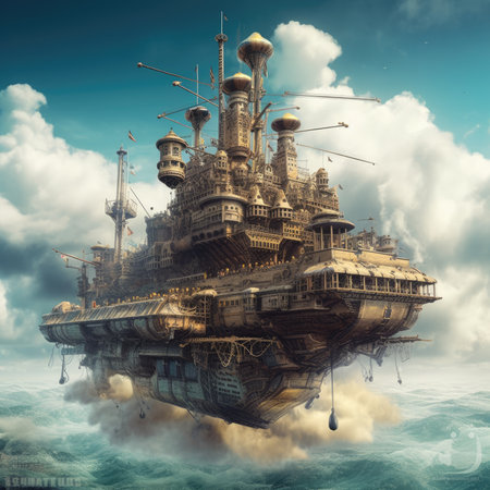 Fantasy alien planet floating in the ocean. 3D illustration, steampunk landscape, atmospheric fantasy artの素材