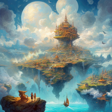 Fantasy landscape with giant temple in the middle of the sea, steampunk landscape, atmospheric fantary artの素材