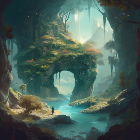 Fantasy landscape with a cave in the middle of the forest, steampunk landscape, atmospheric fantary artの素材