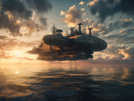 Alien spaceship in the sea at sunset. 3d render illustration, steampunk landscape, atmospheric fantary artの素材