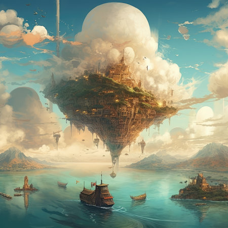 Fantasy landscape with a ship floating in the sea. 3D rendering, steampunk landscape, atmospheric fantasy artの素材