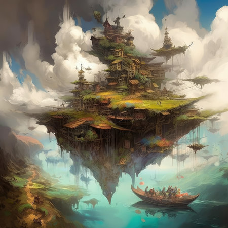 Buddhist temple on the island in the ocean. Digital painting, steampunk landscape, atmospheric fantasy artの素材