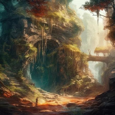 Fantasy landscape with a cave in the middle of the forest, steampunk landscape, atmospheric fantary artの素材