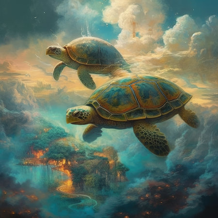 Turtle in the water. 3D illustration. Fantasy landscape., steampunk landscape, atmospheric fantary artの素材