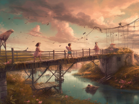 Digital painting of two girls on a wooden bridge over the river, steampunk landscape, atmospheric fantary artの素材