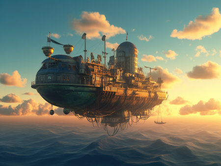 fantasy alien planet. 3D illustration of a fantasy alien planet, steampunk landscape, atmospheric fantary artの素材