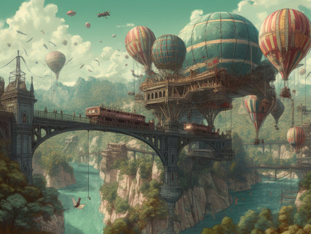 Hot air balloons flying over the bridge in the city. 3D rendering, steampunk landscape, atmospheric fantasy artの素材