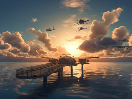 Airplane in the sky over the sea at sunset. 3d render, steampunk landscape, atmospheric fantasy artの素材