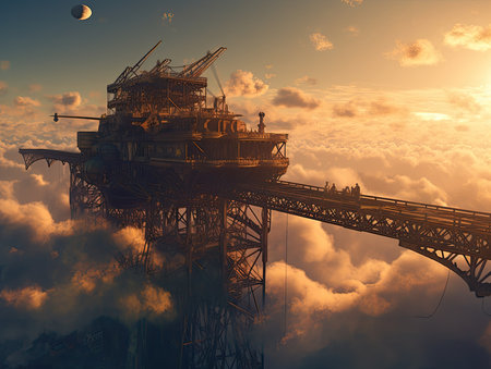 Oil platform in the clouds at sunset. 3d render illustration, steampunk landscape, atmospheric fantasy artの素材
